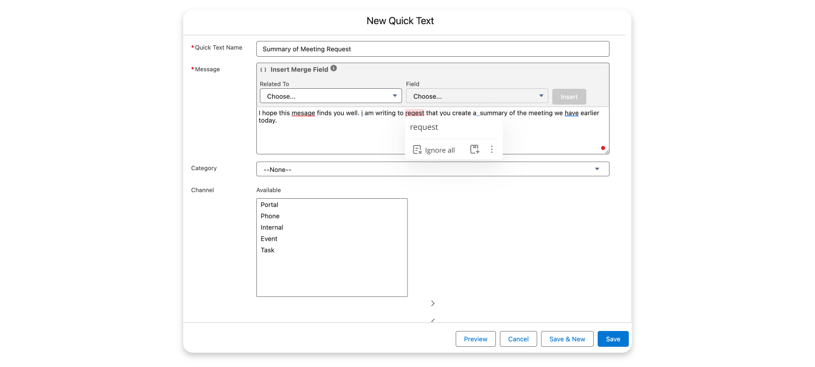 WProofreader browser extension initiated in the Salesforce New Quick Text