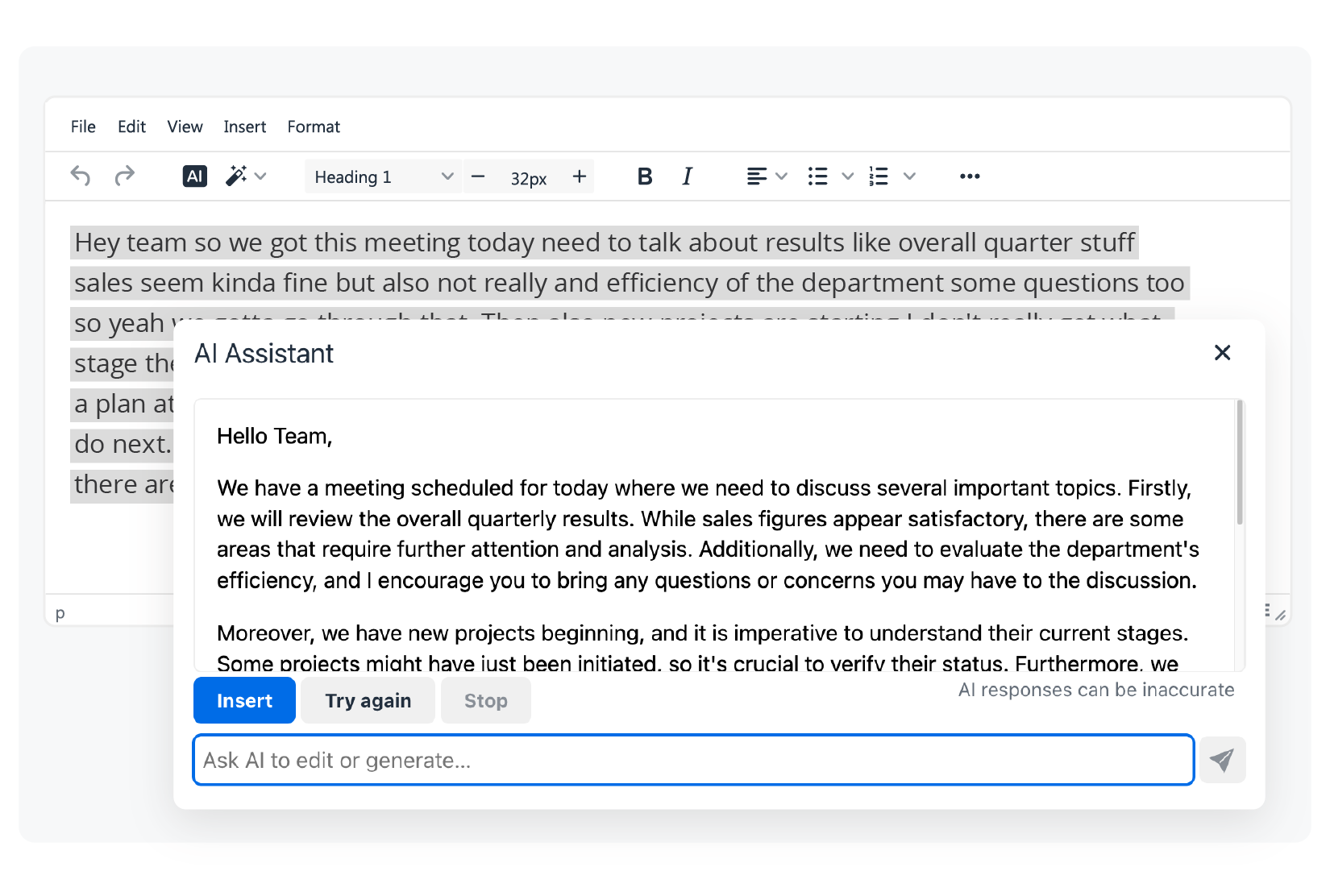 TinyMCE AI Assistant paraphrasing text