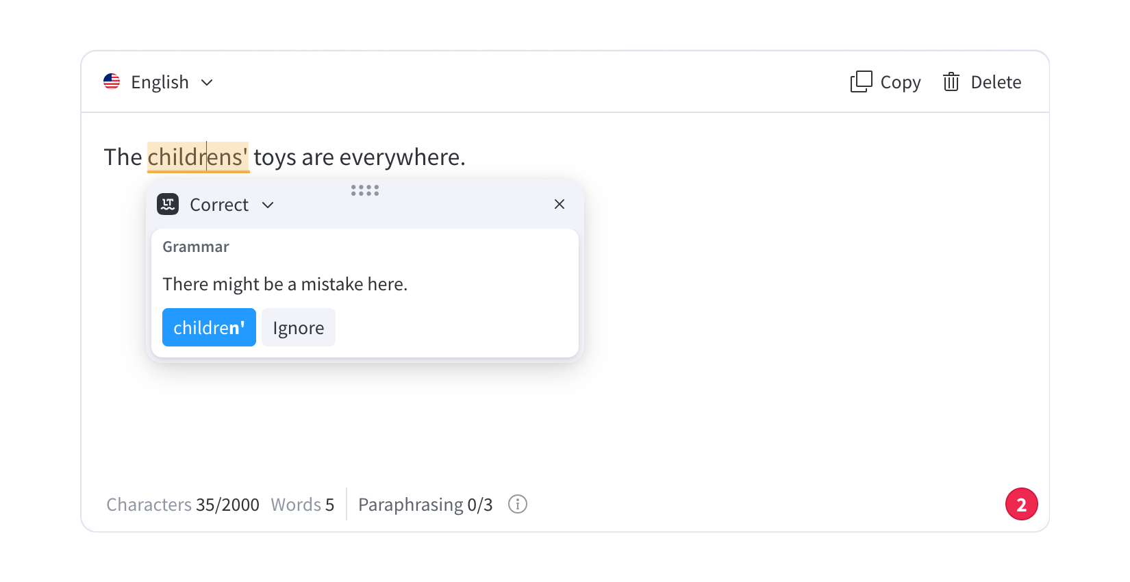 LanguageTool correcting English text