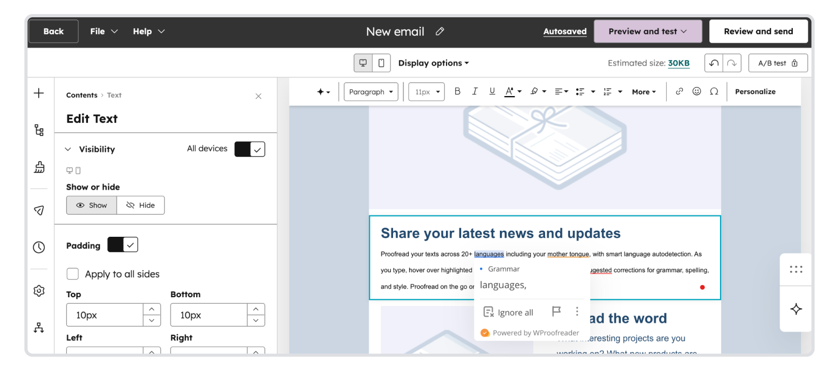 WProofreader inside HubSpot