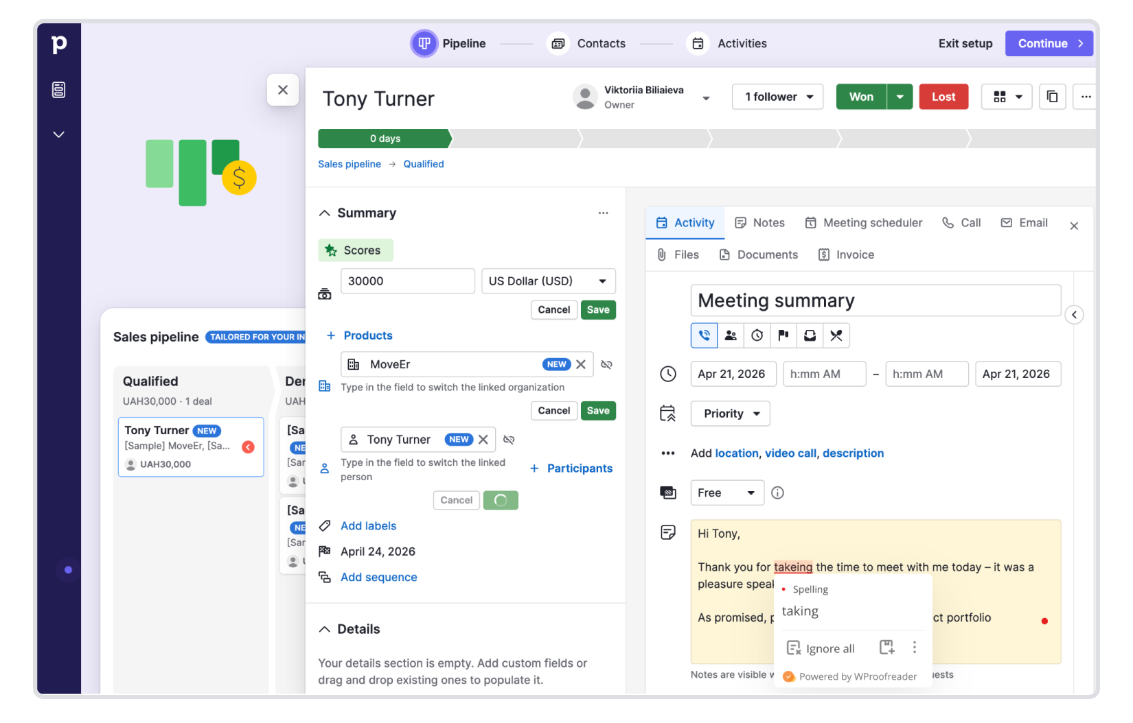 WProofreader in Pipedrive