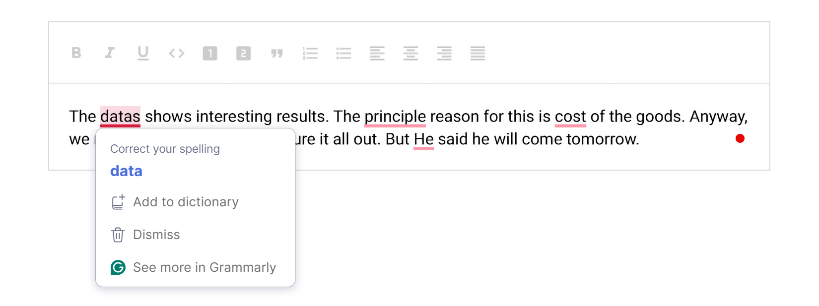 Grammarly text checking results