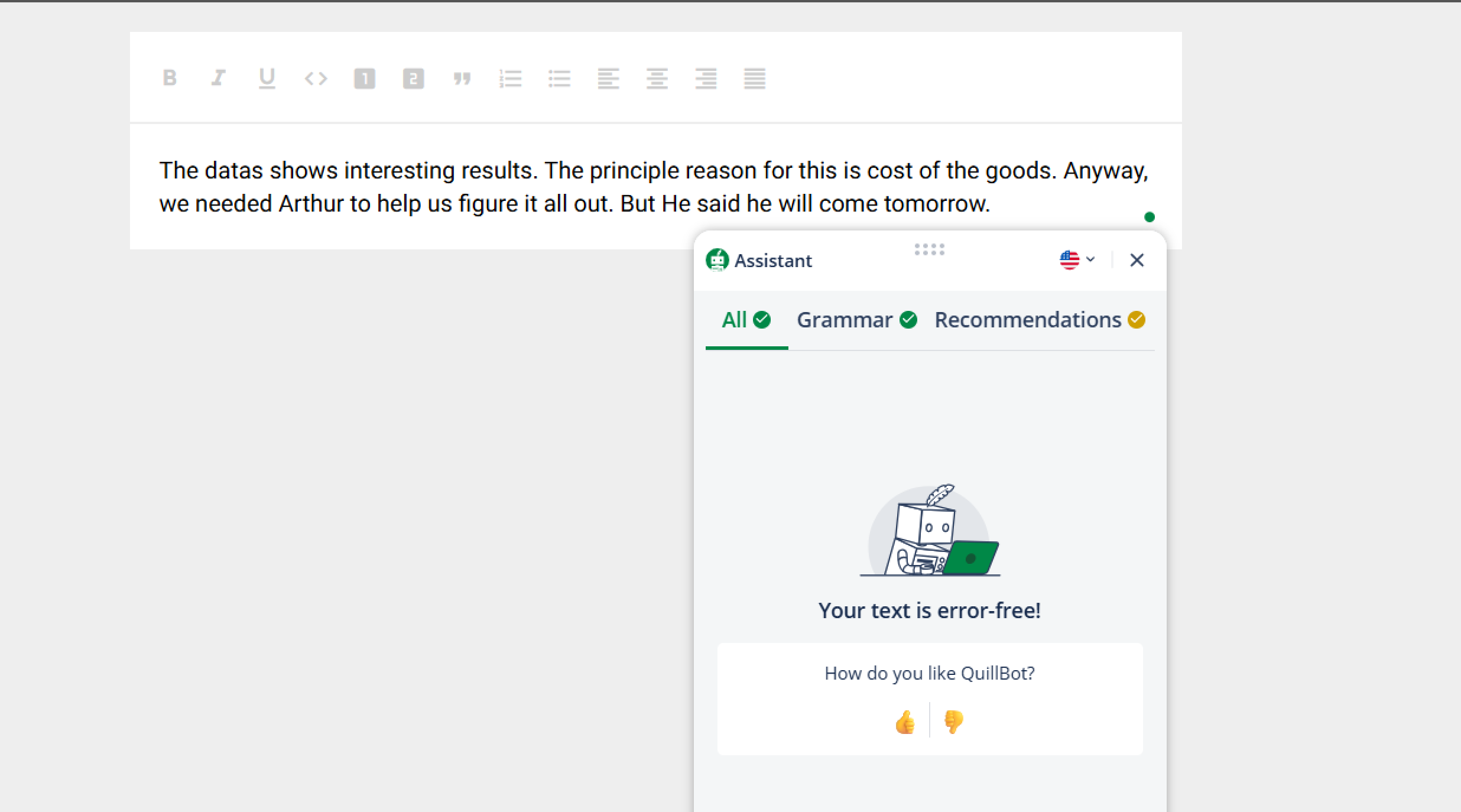 QuillBot text checking results