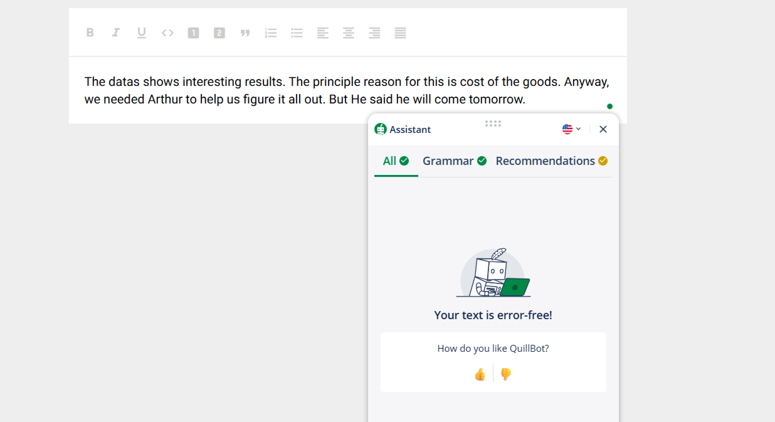 QuillBot text checking results