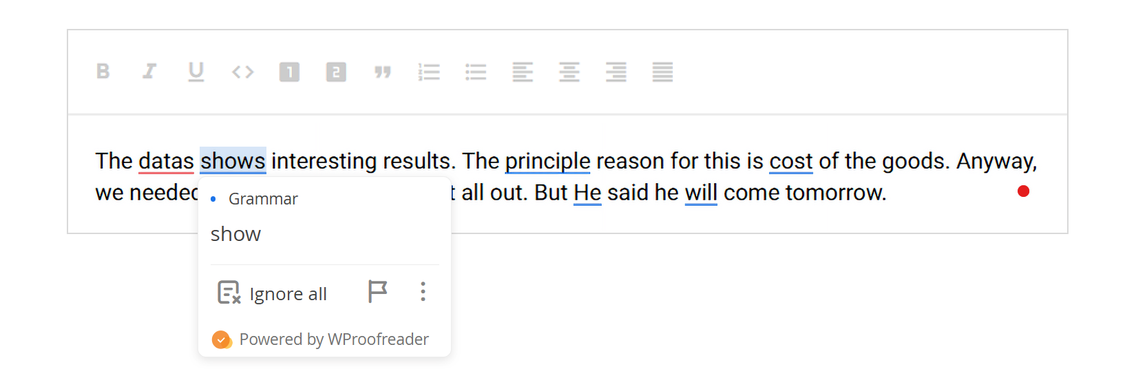 WProofreader text checking results
