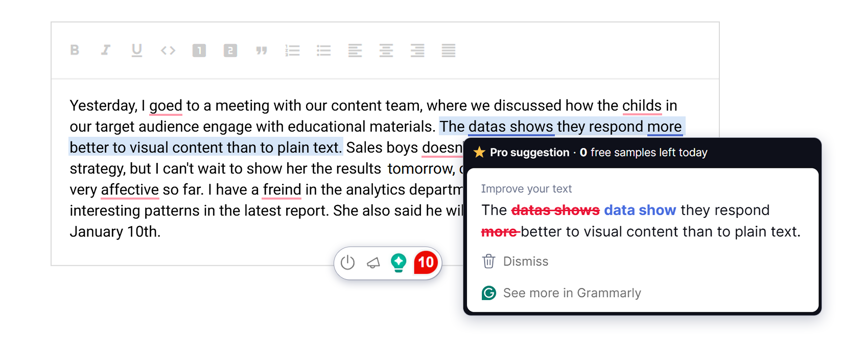 Grammarly text checking results