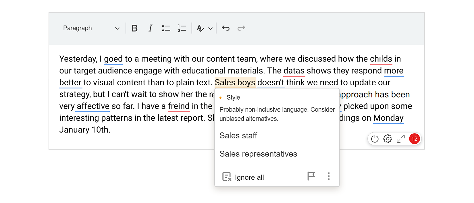 WProofreader text checking results