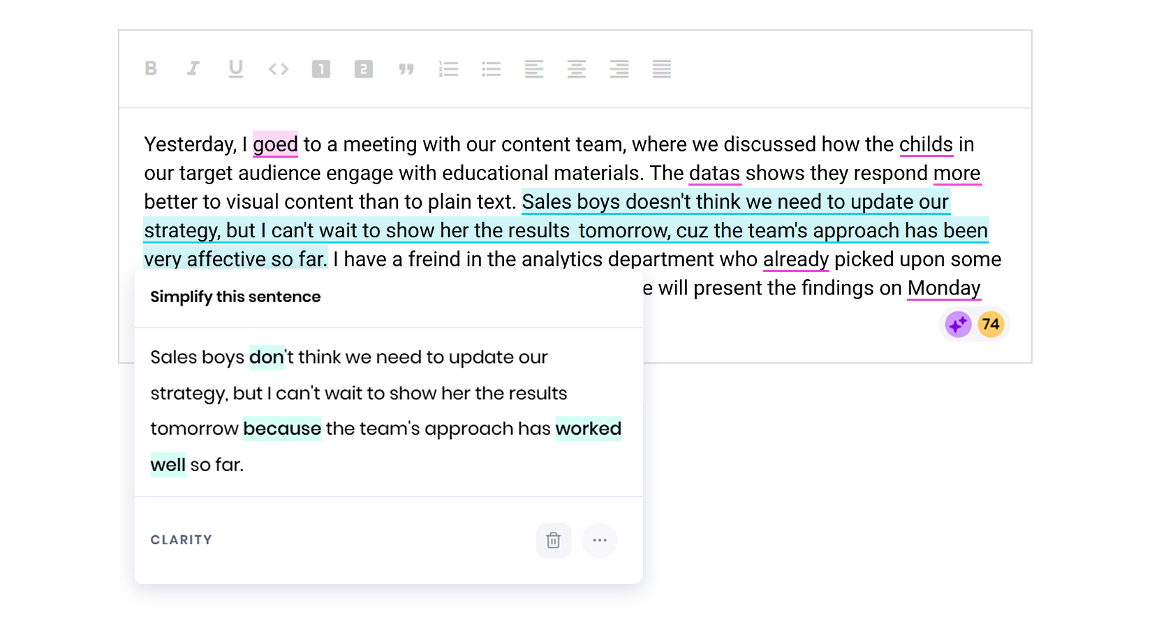 Writer text checking results