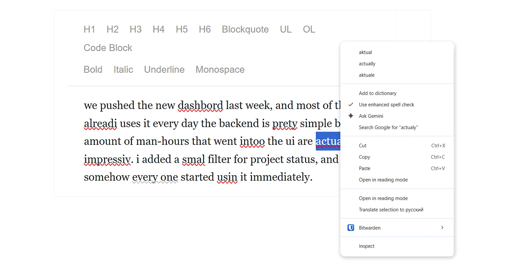 Native browser text checking results