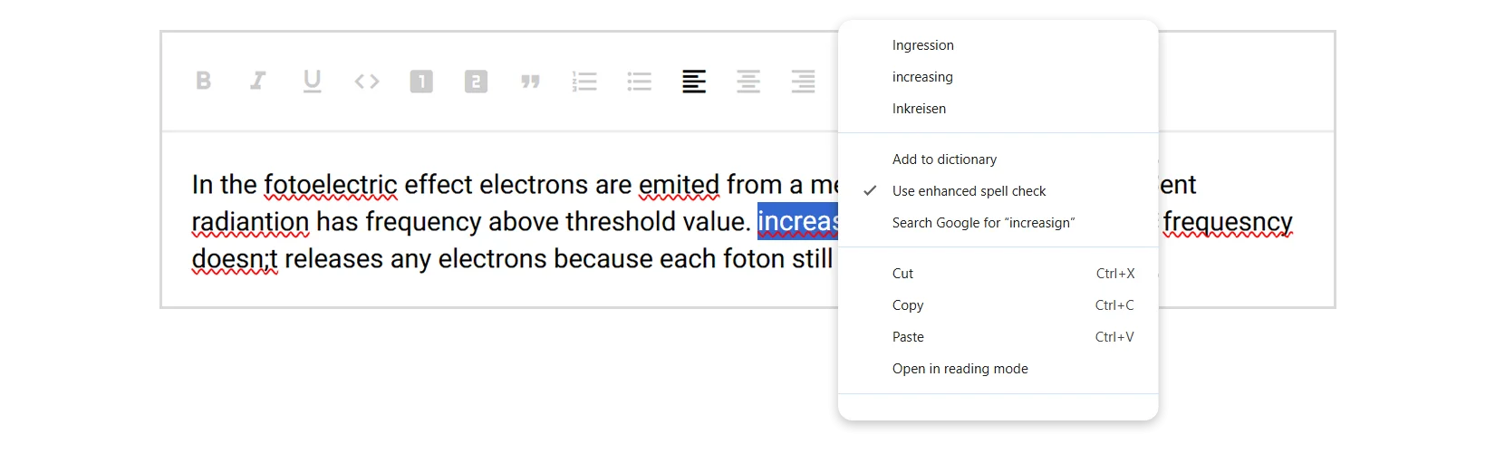 Native browser text checking results