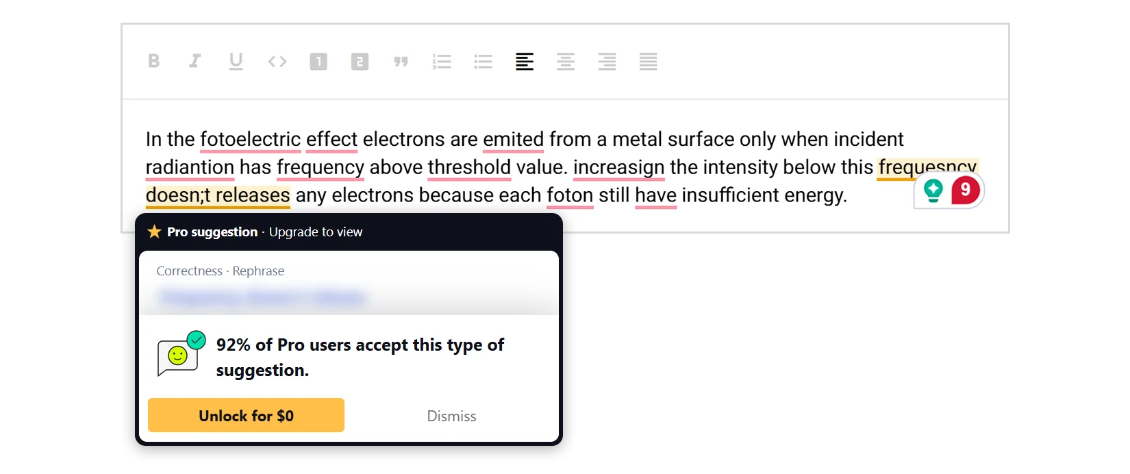 Grammarly text checking results