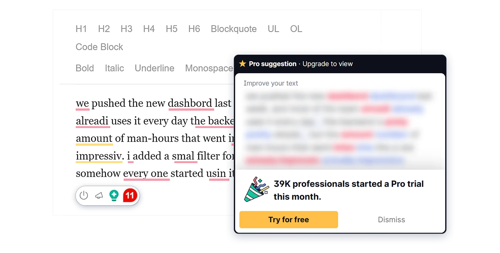 Grammarly text checking results