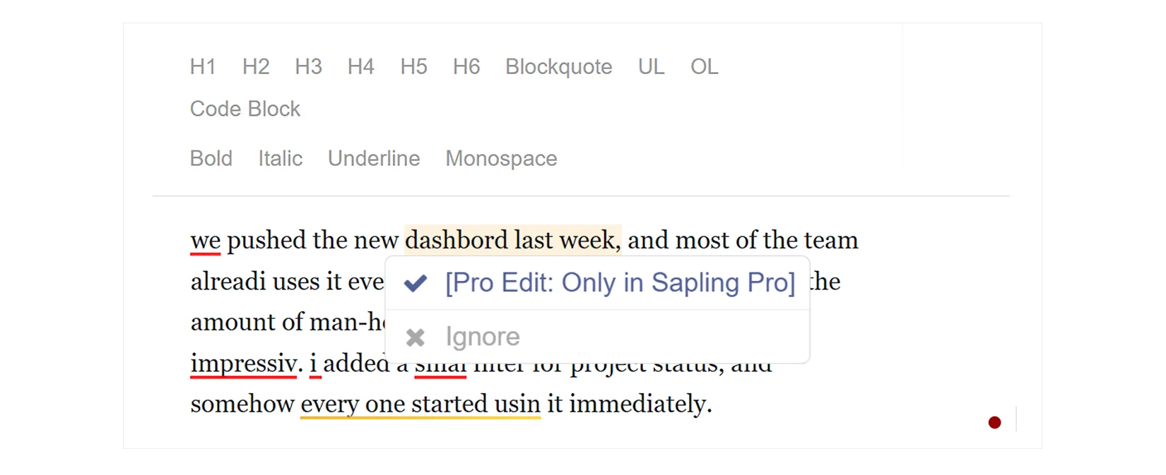 Sapling text checking results