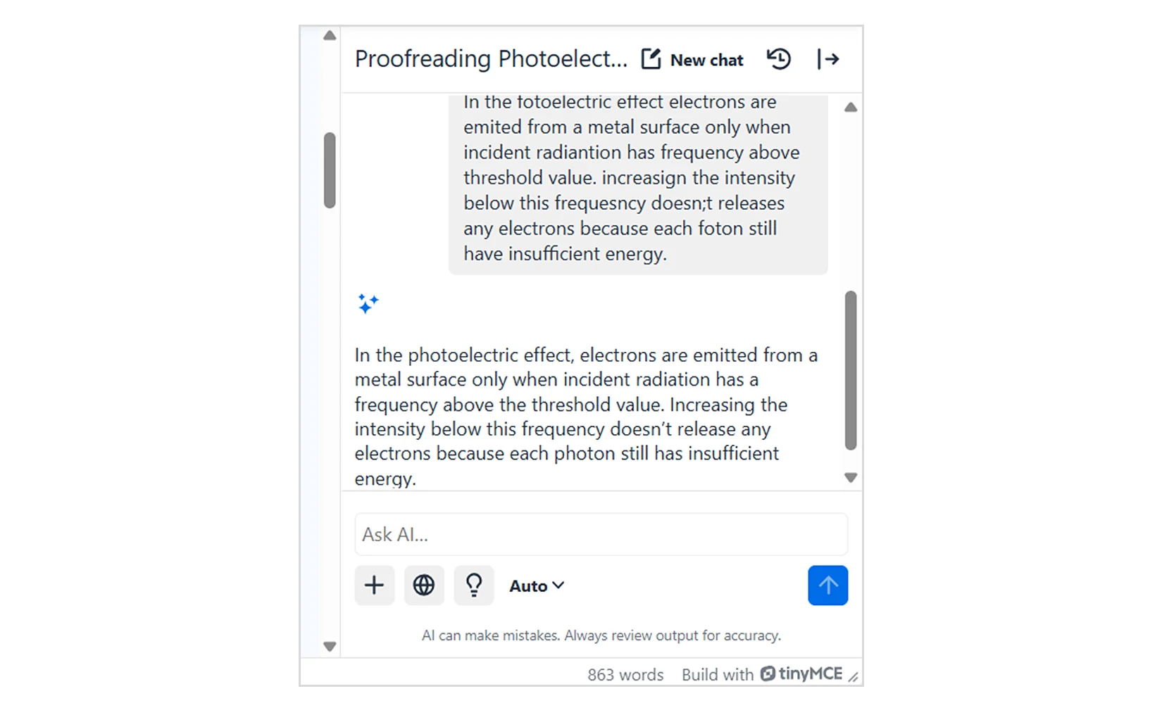 TinyMCE AI Assistant text checking results
