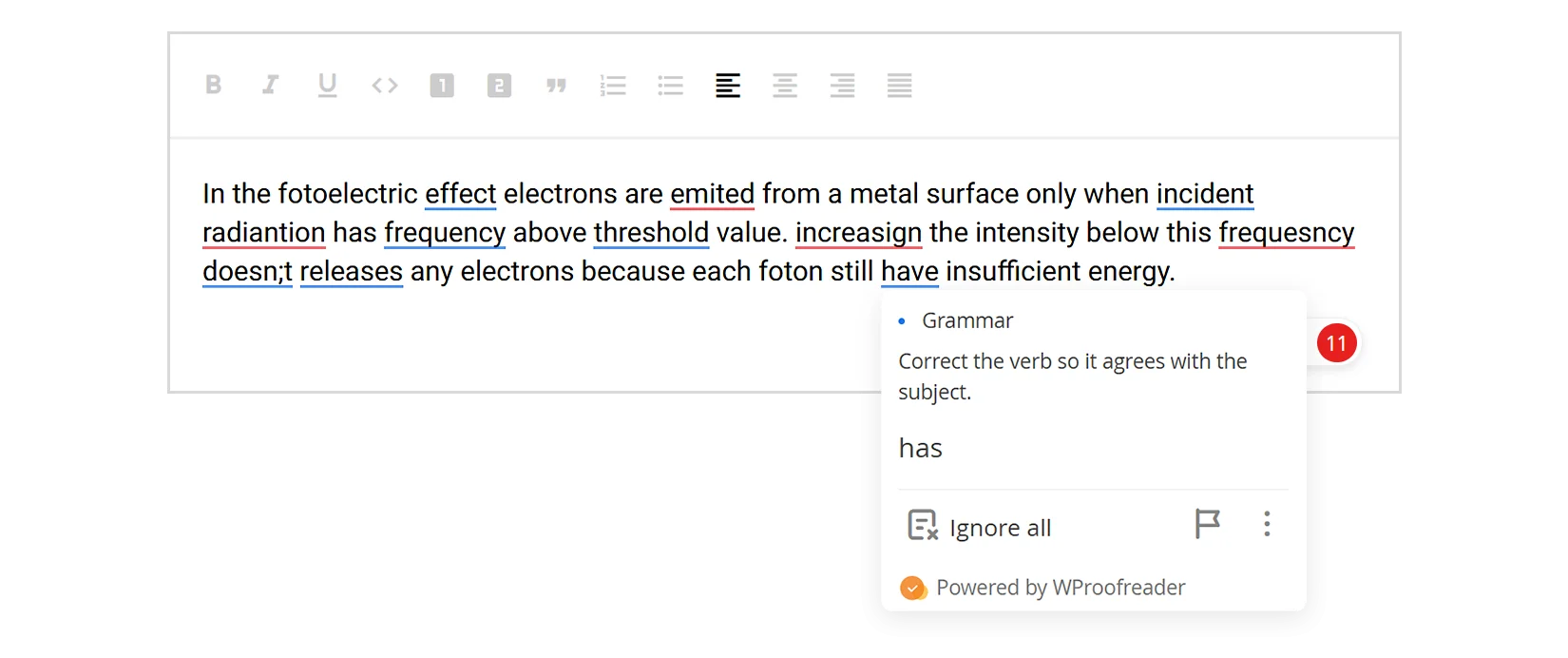 WProofreader text checking results